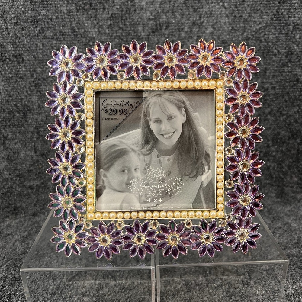 Purple Clear Flowers 4x4 Bejeweled Photo Frame Pearls Green Tree Gallery #180497